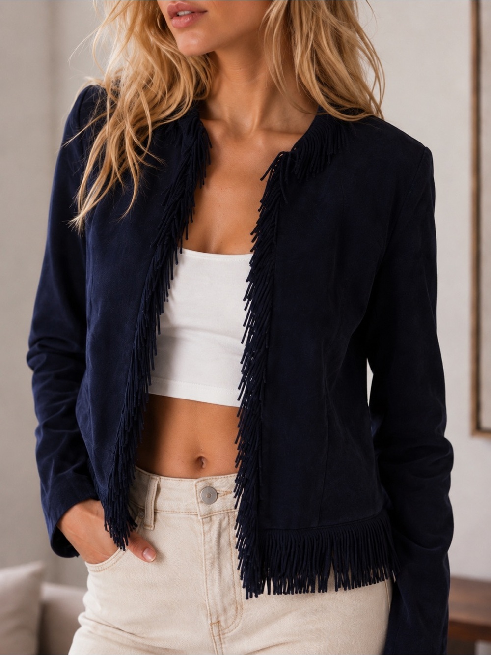 NetWork Limited Navy Genuine Suede Leather Fringe Jacket